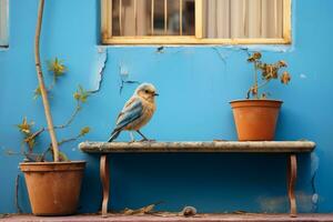 une oiseau séance sur une banc suivant à une mis en pot plante génératif ai photo