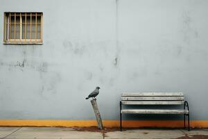 une oiseau séance sur une banc suivant à une mur génératif ai photo
