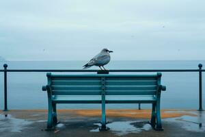 une oiseau séance sur une banc génératif ai photo