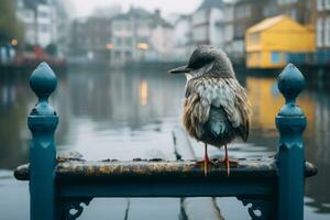 une oiseau séance sur une balustrade génératif ai photo