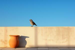 une oiseau séance sur une mur suivant à une vase génératif ai photo