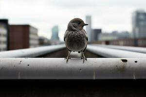 une oiseau séance sur le bord de une balustrade génératif ai photo