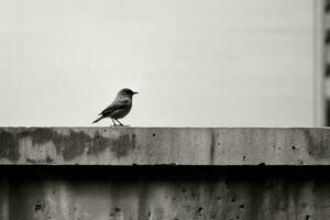 une noir et blanc photo de une oiseau séance sur une rebord génératif ai