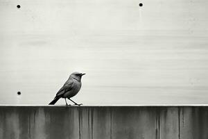 une noir et blanc photo de une oiseau permanent sur une rebord génératif ai