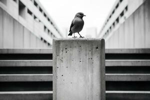 une noir et blanc photo de une oiseau permanent sur Haut de une béton pilier génératif ai