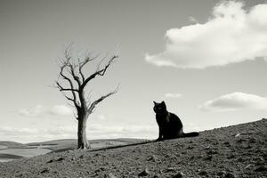 une noir et blanc photo de une chat séance dans de face de une mort arbre génératif ai