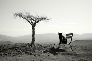 une noir et blanc photo de une chat séance sur une chaise génératif ai