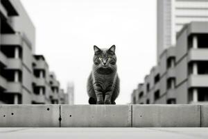 une noir et blanc photo de une chat séance sur une rebord génératif ai