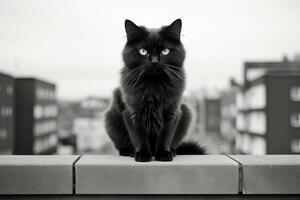 une noir et blanc photo de une chat séance sur une rebord génératif ai