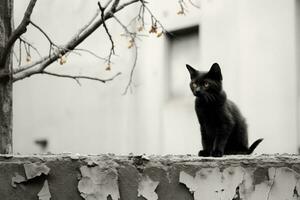 une noir et blanc photo de une chat séance sur une mur génératif ai
