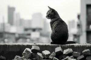 une noir et blanc photo de une chat séance sur une mur génératif ai