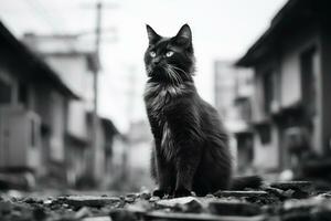 une noir et blanc photo de une chat séance sur le sol génératif ai