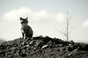 une noir et blanc photo de une chat séance sur Haut de une pile de saleté génératif ai