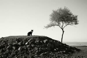 une noir et blanc photo de une chat séance sur Haut de une pile de rochers génératif ai