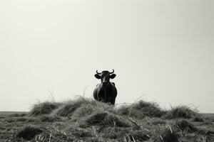 une noir et blanc photo de une vache permanent dans une champ génératif ai