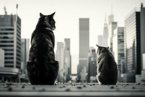 une noir et blanc photo de deux chats génératif ai