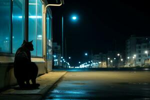 une noir chat séance sur une trottoir à nuit génératif ai photo