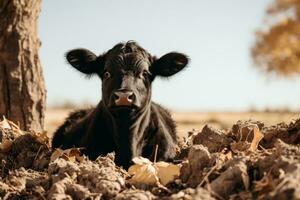 une noir vache pose dans le saleté près une arbre génératif ai photo