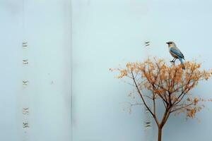 une bleu oiseau perché sur une petit arbre dans de face de une blanc mur génératif ai photo