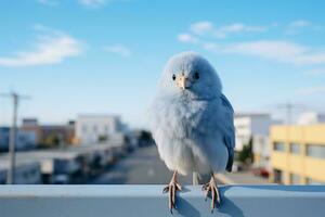 une bleu oiseau séance sur le bord de une balustrade génératif ai photo