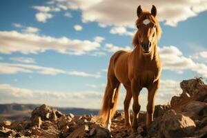 une marron cheval permanent sur Haut de une rocheux colline génératif ai photo