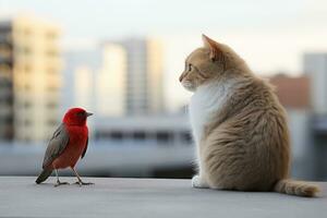 une chat et une oiseau séance suivant à chaque autre génératif ai photo