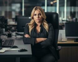 une affaires femme séance à sa bureau dans un Bureau génératif ai photo