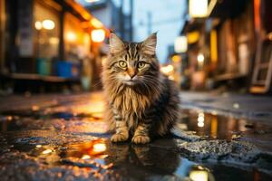 une chat est séance sur le sol dans le milieu de une rue génératif ai photo