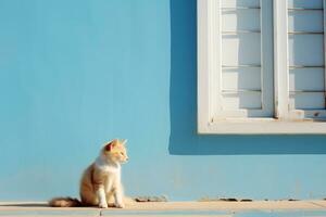 une chat séance dans de face de une bleu mur génératif ai photo