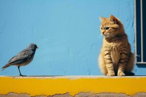 une chat séance sur une rebord suivant à une oiseau génératif ai photo