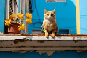 une chat séance sur une rebord génératif ai photo