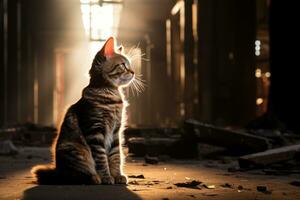 une chat séance sur le sol dans un abandonné bâtiment génératif ai photo