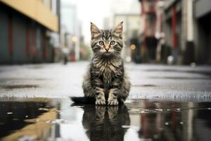 une chat séance sur le sol dans le pluie génératif ai photo