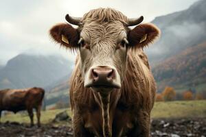 une proche en haut de une vache dans une champ avec montagnes dans le Contexte génératif ai photo