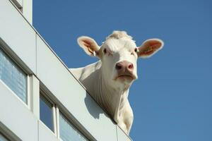 une proche en haut de une vache à la recherche en dehors une fenêtre génératif ai photo
