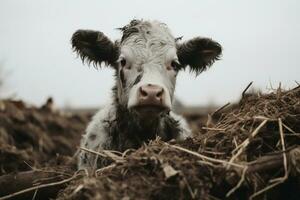 une vache est permanent dans une pile de foins génératif ai photo