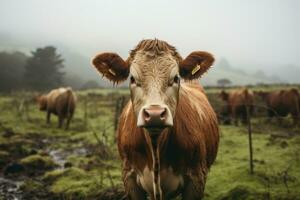 une vache est permanent dans le milieu de une champ génératif ai photo