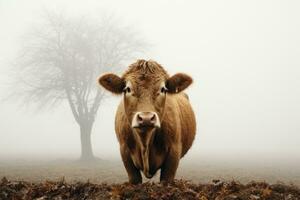 une vache permanent dans de face de une arbre sur une brumeux journée génératif ai photo