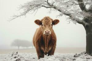 une vache permanent dans de face de une arbre couvert dans neige génératif ai photo