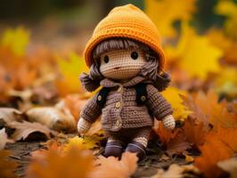 une crochet poupée est séance sur le sol entouré par déchue feuilles génératif ai photo