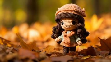 une crochet poupée est permanent dans une pile de déchue feuilles génératif ai photo