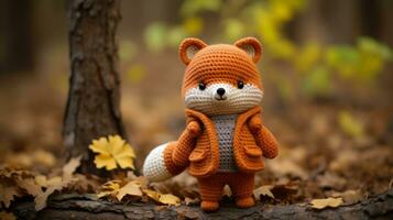 une crocheté jouet Renard permanent dans le les bois génératif ai photo