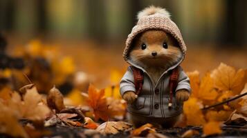 une mignonne peu écureuil portant une manteau et chapeau dans le l'automne feuilles génératif ai photo