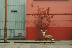 une cerf est permanent dans de face de une rouge bâtiment génératif ai photo