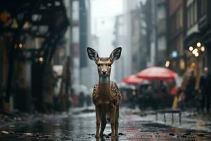 une cerf est permanent dans le milieu de une ville rue génératif ai photo