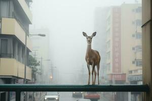 une cerf est permanent sur le bord de une rue génératif ai photo