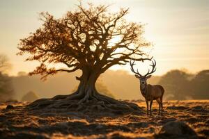 une cerf des stands dans de face de une arbre à le coucher du soleil génératif ai photo