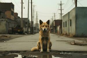 une chien séance dans le milieu de une rue génératif ai photo