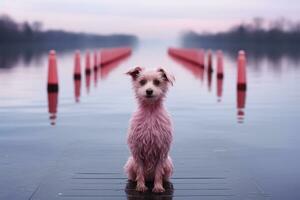 une chien séance sur une Dock dans de face de une corps de l'eau génératif ai photo