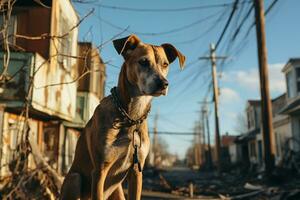 une chien séance sur le sol dans de face de un abandonné bâtiment génératif ai photo